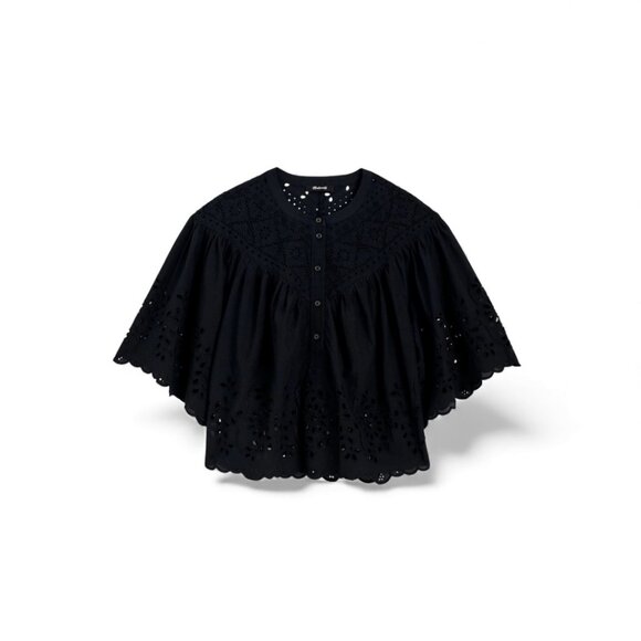 Madewell Black Embroidered Shirred Henley Top Size Small - Picture 5 of 11